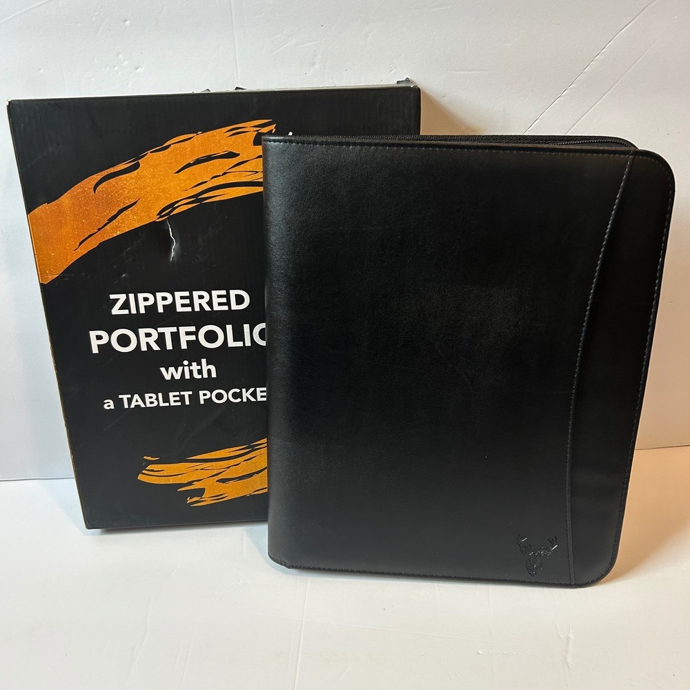 Wundermax Zippered Portfolio Binder Unisex Black New Vegan Leather Tablet Sleeve